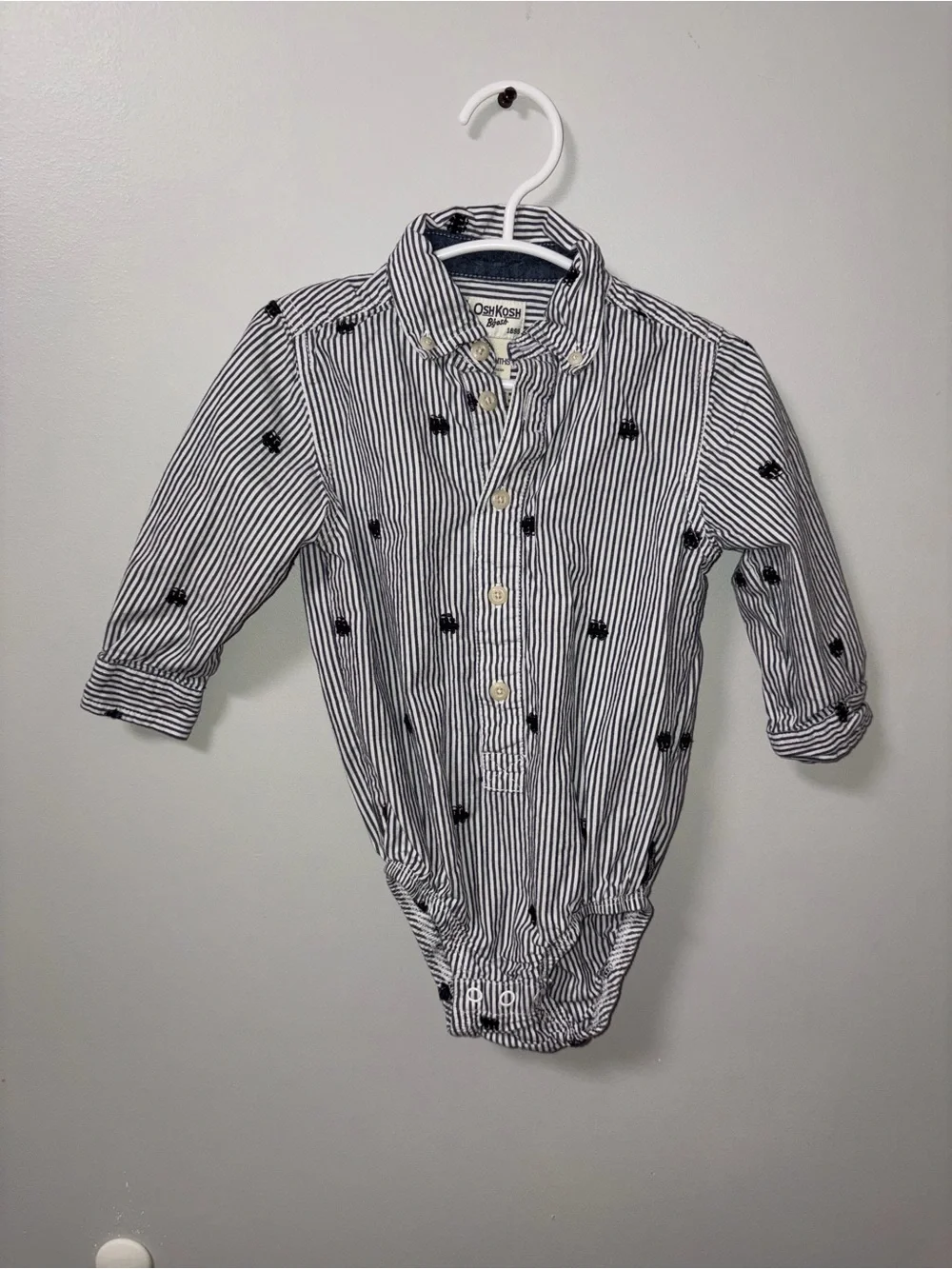 Oshkosh B’gosh Gray White Stripe Embroidered Trains Bubble Romper Collared 24M